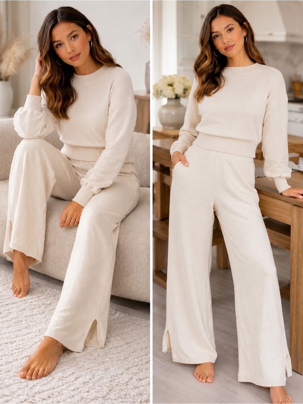Cozy Cream Knit Lounge Set - Sweater & Wide Leg Pants